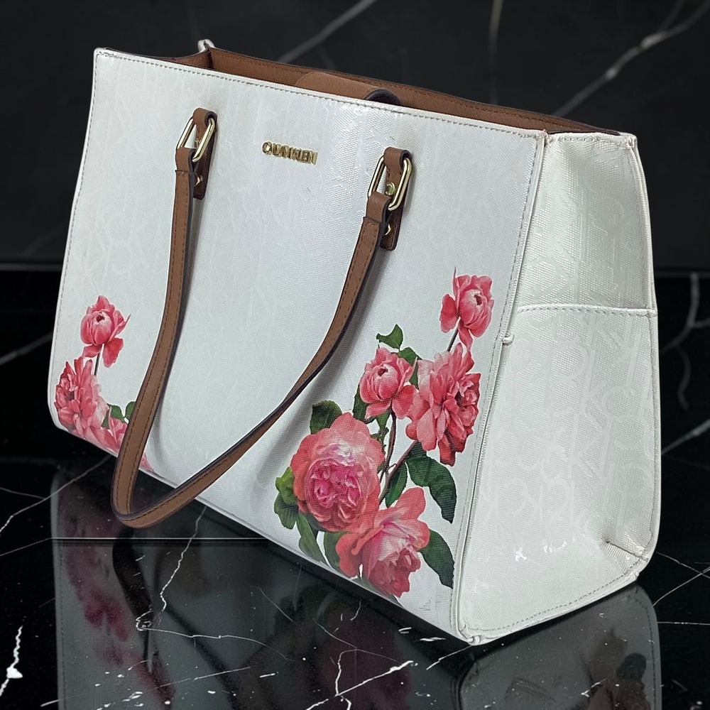 Calvin Klein Womens White Floral Monogram Shoulder Bag Tan Trim Gold Hardware - Picture 2 of 11